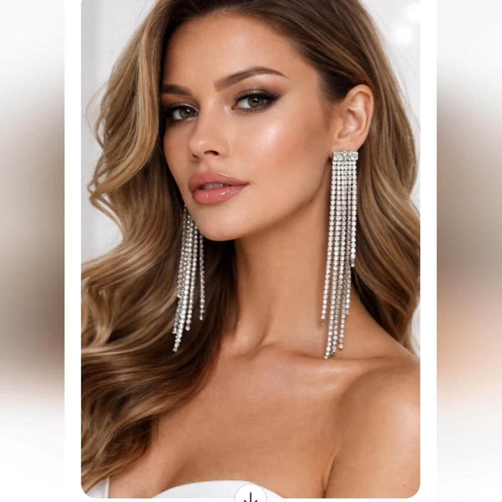 Silver Rhinestone Fringe Tassel Statement Earrings Glam 4